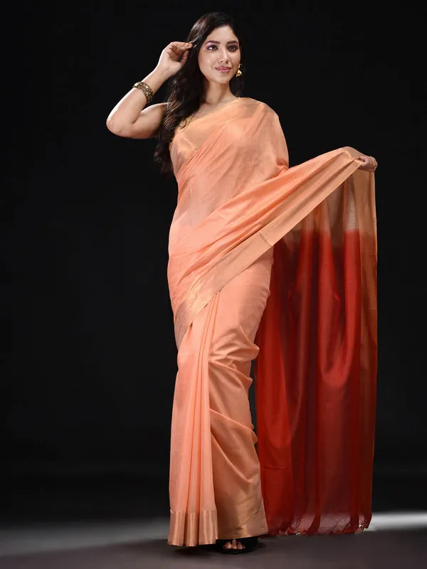 Handloom_women'sBhagalpuri_Tussar_Munga_Silk_Blend_Two_Dye_Saree_(Aprict_Orange_&_Terry_Red)