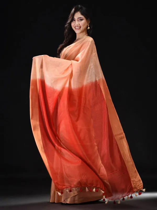 Handloom_women'sBhagalpuri_Tussar_Munga_Silk_Blend_Two_Dye_Saree_(Aprict_Orange_&_Terry_Red)