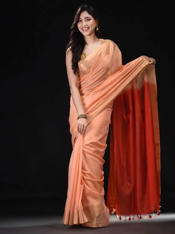 Handloom_women'sBhagalpuri_Tussar_Munga_Silk_Blend_Two_Dye_Saree_(Aprict_Orange_&_Terry_Red)