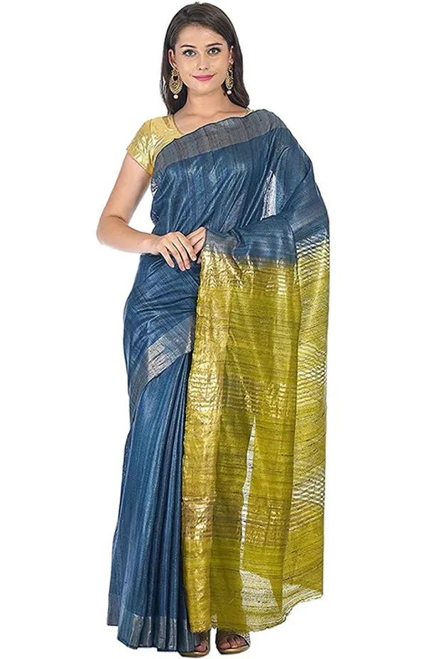 Pure_Tussar_Ghicha_Silk_Two_Dye_Handloom_Bhagalpuri_Saree_for_women's_(Bayx_Blue_&_Olive_Green)