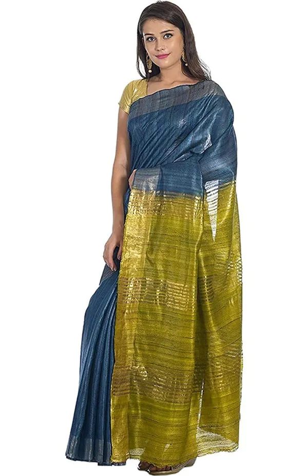 Pure_Tussar_Ghicha_Silk_Two_Dye_Handloom_Bhagalpuri_Saree_for_women's_(Bayx_Blue_&_Olive_Green)