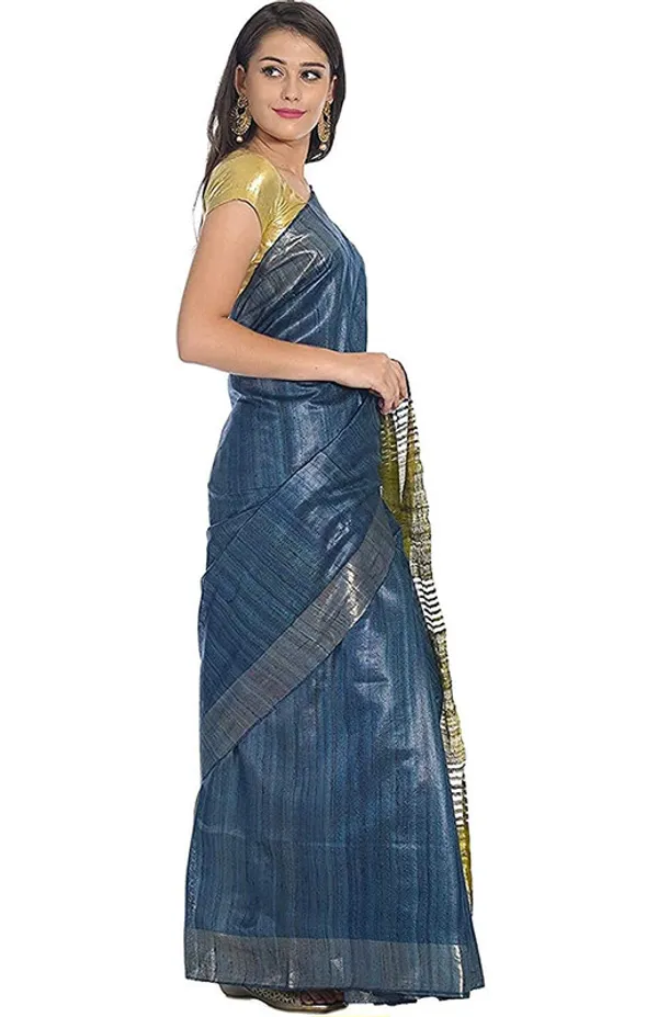 Pure_Tussar_Ghicha_Silk_Two_Dye_Handloom_Bhagalpuri_Saree_for_women's_(Bayx_Blue_&_Olive_Green)