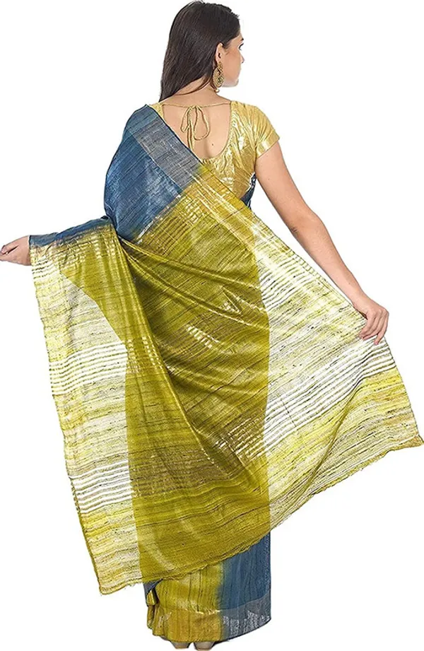 Pure_Tussar_Ghicha_Silk_Two_Dye_Handloom_Bhagalpuri_Saree_for_women's_(Bayx_Blue_&_Olive_Green)