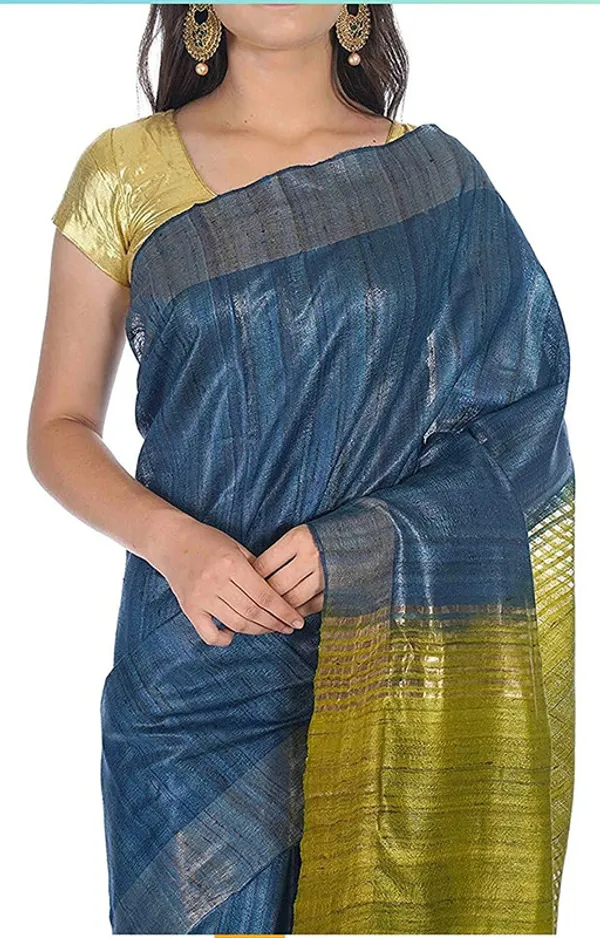Pure_Tussar_Ghicha_Silk_Two_Dye_Handloom_Bhagalpuri_Saree_for_women's_(Bayx_Blue_&_Olive_Green)