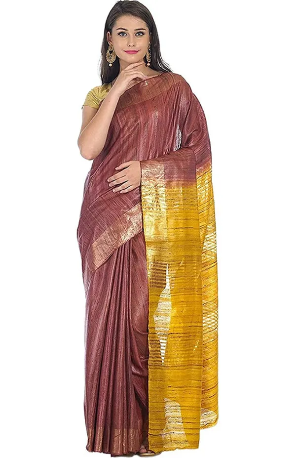 Handloom_Tussar_Ghicha_Silk_Bhagalpuri_Two_Dye_Saree_(Chico_Brown_&_Yellow)