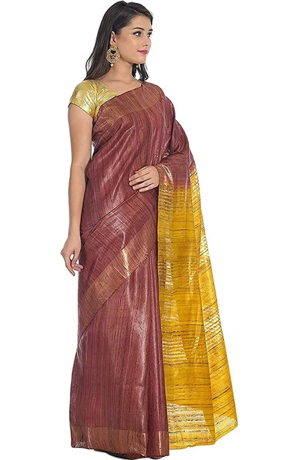 Handloom_Tussar_Ghicha_Silk_Bhagalpuri_Two_Dye_Saree_(Chico_Brown_&_Yellow)