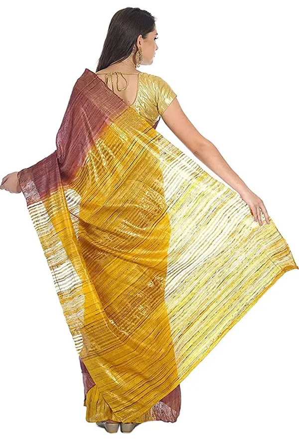 Handloom_Tussar_Ghicha_Silk_Bhagalpuri_Two_Dye_Saree_(Chico_Brown_&_Yellow)