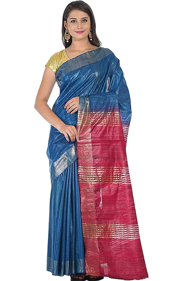 Bhagalpuri_Tussar_Ghicha_Silk_Pure_Two_Dye_Saree_with_Blouse_Piece_(Deny_Blue_&_Fuzy_Pink)