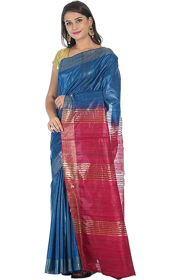Bhagalpuri_Tussar_Ghicha_Silk_Pure_Two_Dye_Saree_with_Blouse_Piece_(Deny_Blue_&_Fuzy_Pink)