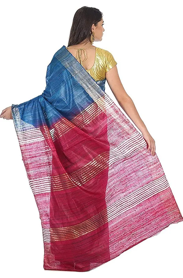 Bhagalpuri_Tussar_Ghicha_Silk_Pure_Two_Dye_Saree_with_Blouse_Piece_(Deny_Blue_&_Fuzy_Pink)