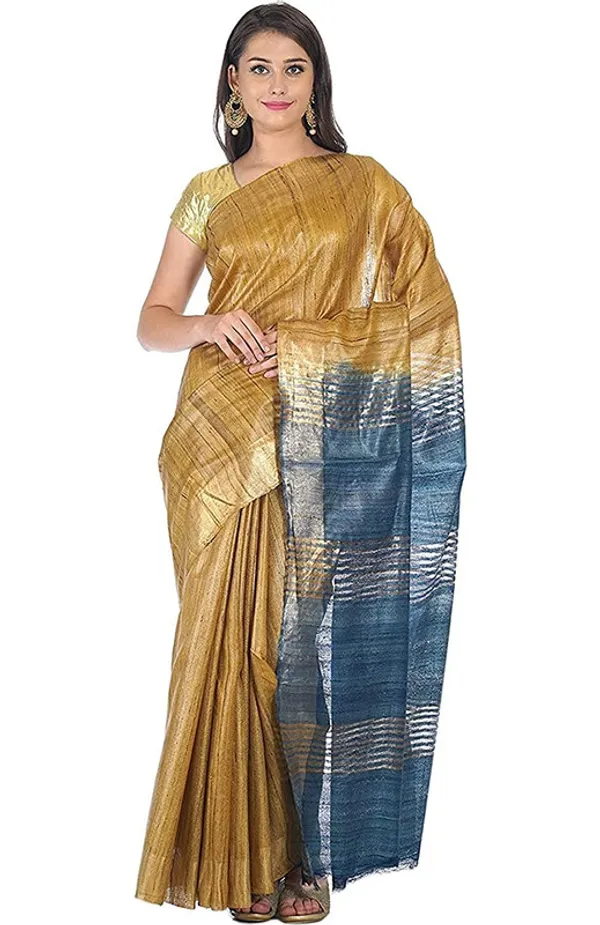 Tussar_Ghicha_Silk_Handloom_Two_Dye_Saree_with_Zari_Border_(Sutlea_Blue_&_Tusik_Brown)
