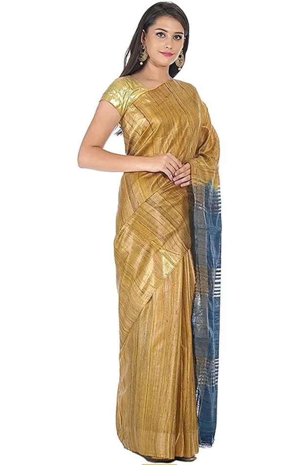 Tussar_Ghicha_Silk_Handloom_Two_Dye_Saree_with_Zari_Border_(Sutlea_Blue_&_Tusik_Brown)
