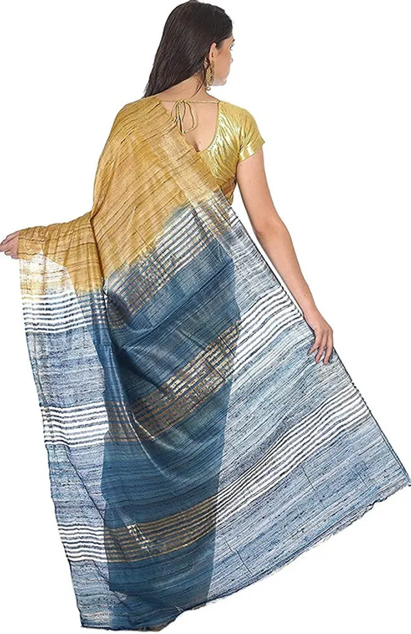 Tussar_Ghicha_Silk_Handloom_Two_Dye_Saree_with_Zari_Border_(Sutlea_Blue_&_Tusik_Brown)