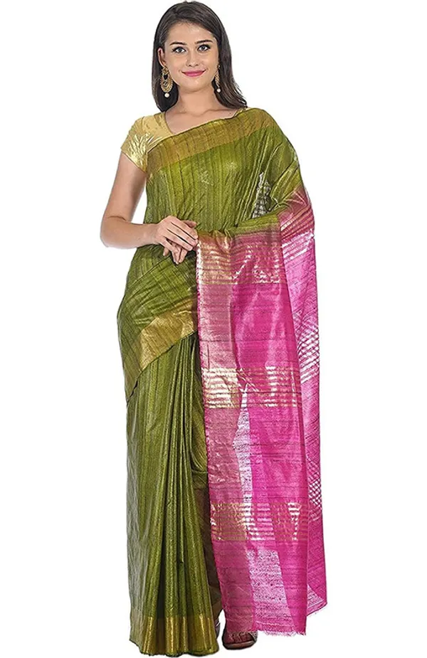 Tusasar_Ghicha_Bhagalpuri_Silk_Two_Dye_Saree_(Sycam_Green_&_Hot_Pink)