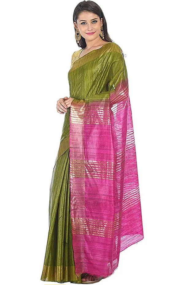 Tusasar_Ghicha_Bhagalpuri_Silk_Two_Dye_Saree_(Sycam_Green_&_Hot_Pink)