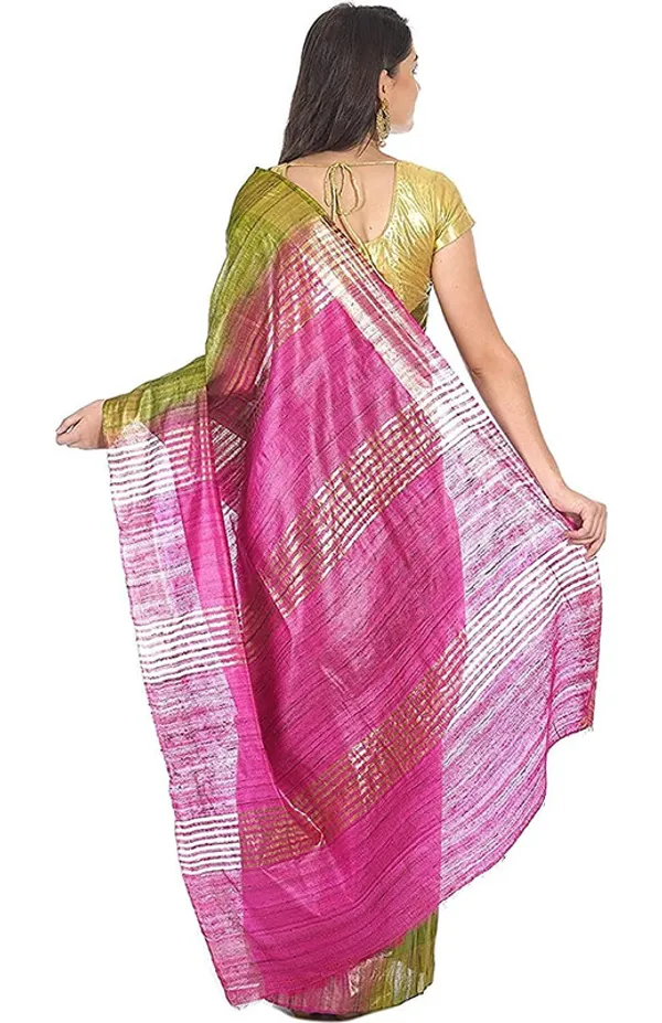 Tusasar_Ghicha_Bhagalpuri_Silk_Two_Dye_Saree_(Sycam_Green_&_Hot_Pink)