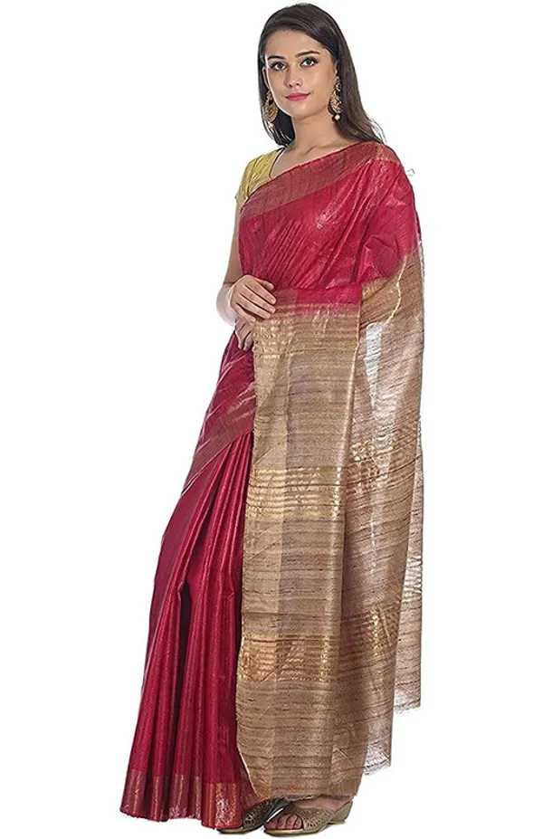 Two_Dye_Pure_Tussar_Ghicha_Silk_Handloom_Saree_(Cerise_Pink_&_Khahi_Brown)