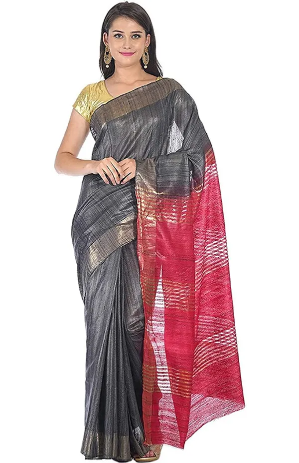 Grey_&_Cerise_Pink_Tussar_Ghicha_Silk_Handloom_Bhagalpuri_Saree_with_Zari_Border