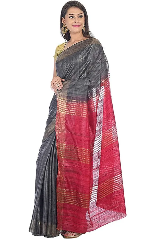 Grey_&_Cerise_Pink_Tussar_Ghicha_Silk_Handloom_Bhagalpuri_Saree_with_Zari_Border