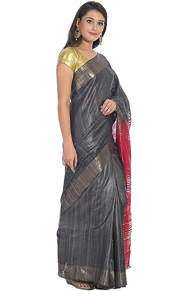 Grey_&_Cerise_Pink_Tussar_Ghicha_Silk_Handloom_Bhagalpuri_Saree_with_Zari_Border