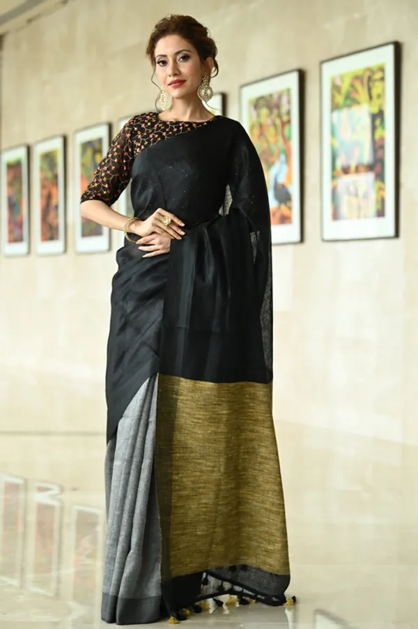 Pure_Linen_Handloom_Ghicha_Pallu_Dual_Color_Bhagalpuri_Black_&_Grey_Saree