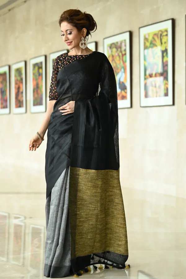 Pure_Linen_Handloom_Ghicha_Pallu_Dual_Color_Bhagalpuri_Black_&_Grey_Saree