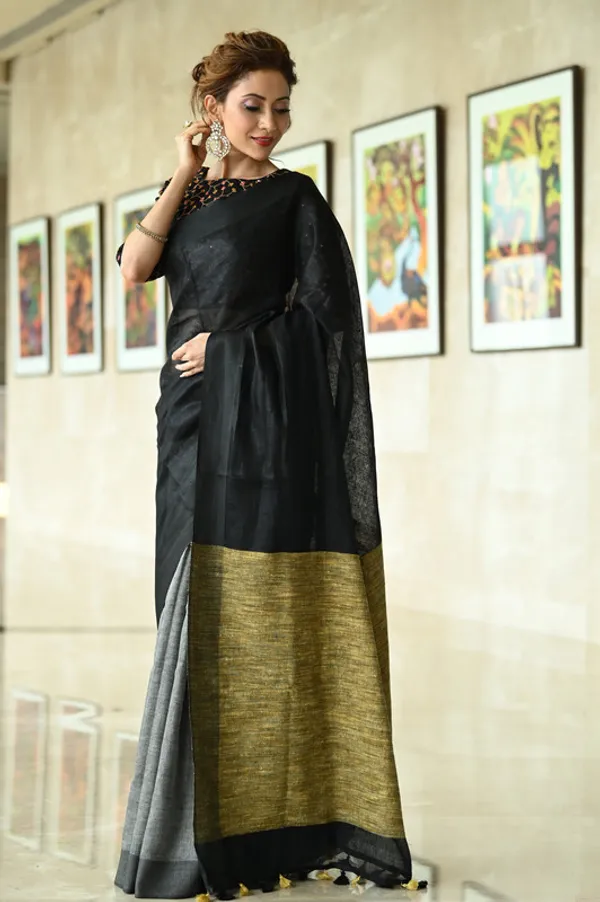 Pure_Linen_Handloom_Ghicha_Pallu_Dual_Color_Bhagalpuri_Black_&_Grey_Saree