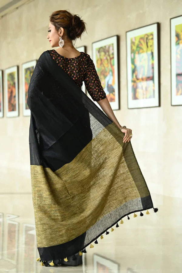 Pure_Linen_Handloom_Ghicha_Pallu_Dual_Color_Bhagalpuri_Black_&_Grey_Saree