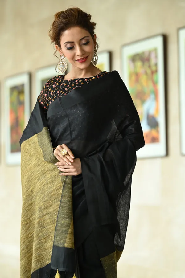 Pure_Linen_Handloom_Ghicha_Pallu_Dual_Color_Bhagalpuri_Black_&_Grey_Saree
