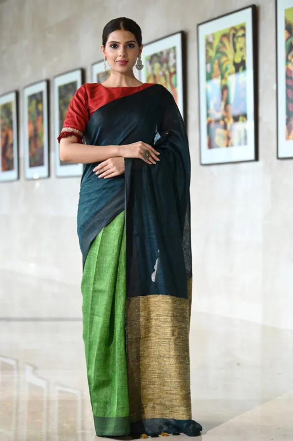 Handloom_Bhagalpuri_Linen_Two_Dye_Saree_with_Ghicha_Pallu_for_women's_(Midnight_Blue_&_Green)