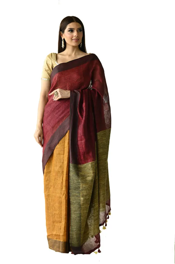 Handloom_Pure_Linen_Dual_Color_Saree_with_Ghicha_Pallu_(Marron_Red_&_Yellow)