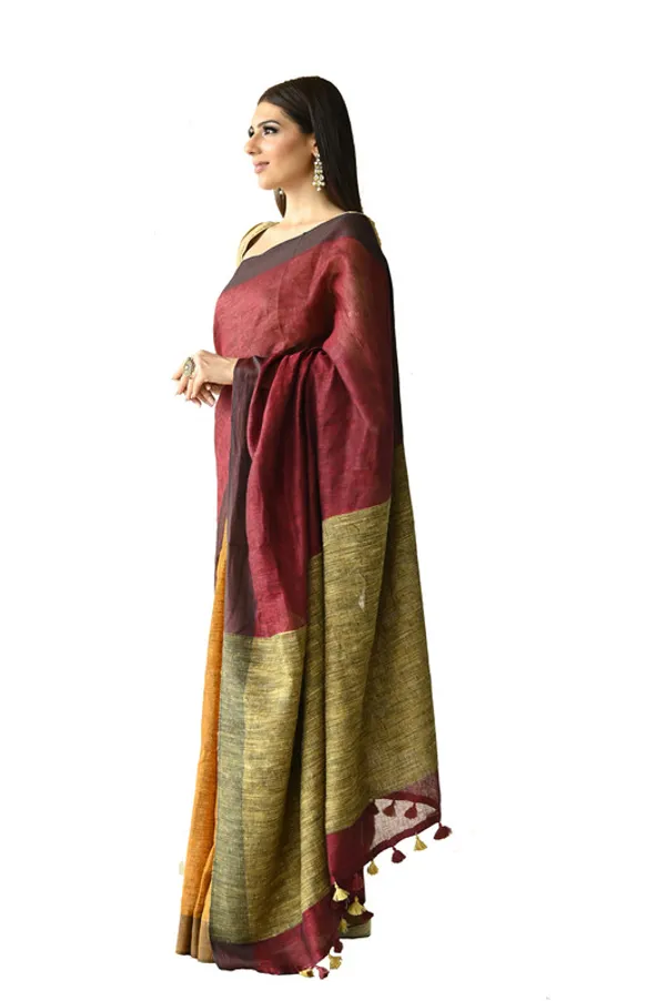 Handloom_Pure_Linen_Dual_Color_Saree_with_Ghicha_Pallu_(Marron_Red_&_Yellow)