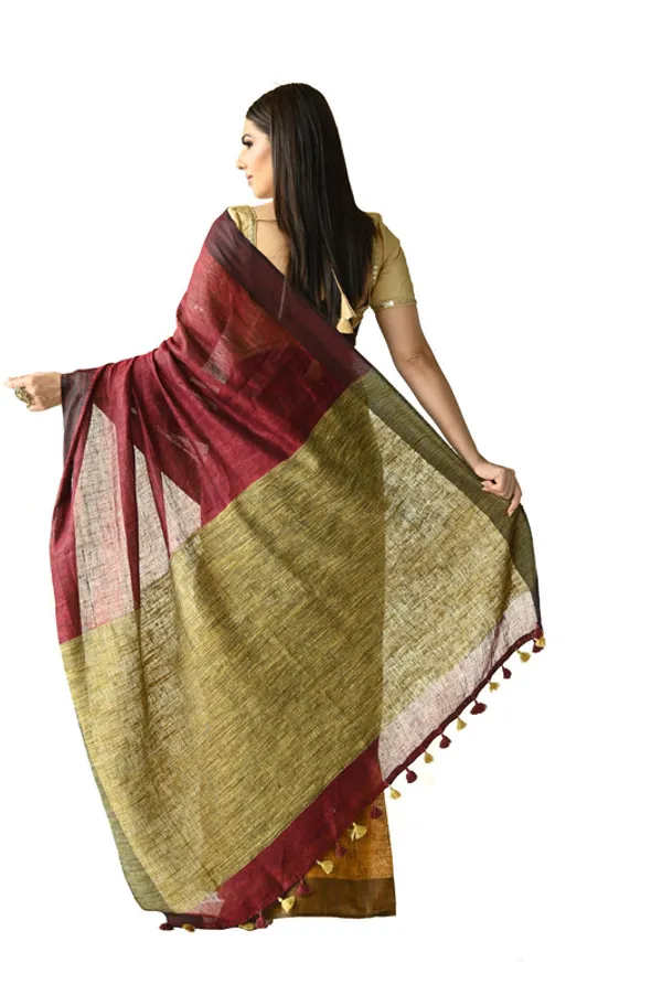 Handloom_Pure_Linen_Dual_Color_Saree_with_Ghicha_Pallu_(Marron_Red_&_Yellow)
