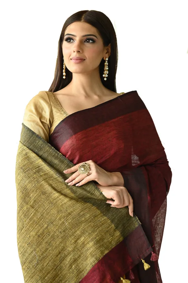 Handloom_Pure_Linen_Dual_Color_Saree_with_Ghicha_Pallu_(Marron_Red_&_Yellow)