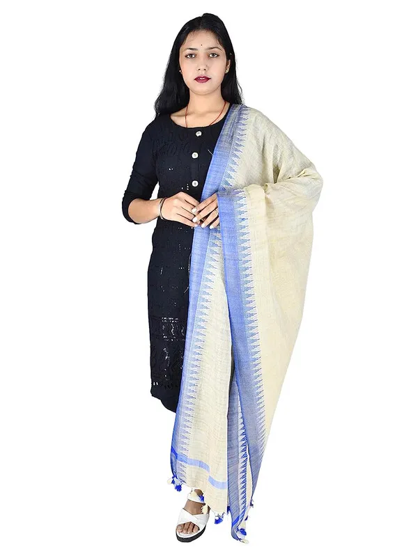 Bhagalpuri_Linen_Textured_Blue_Temple_Border_Handloom_Dupatta