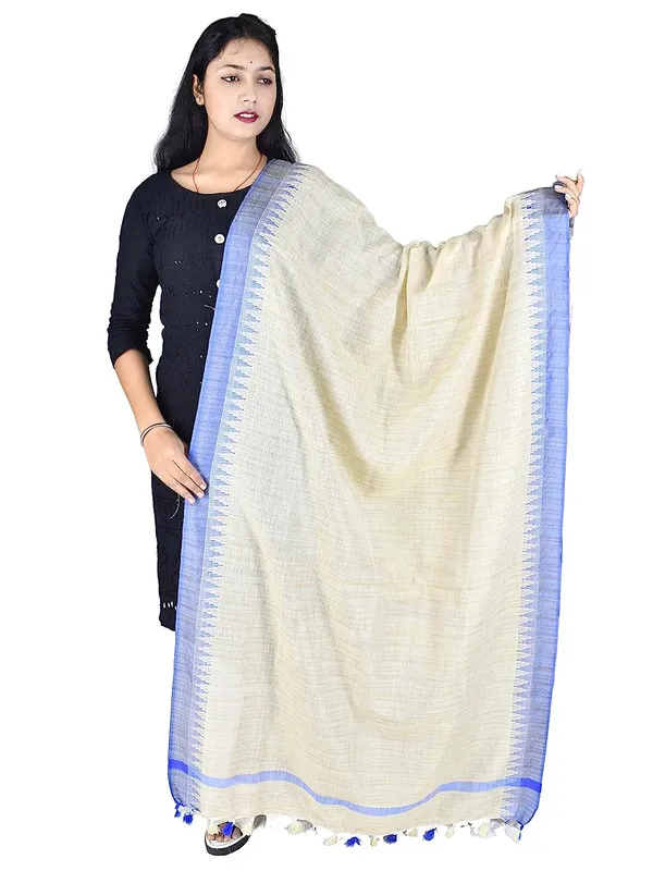 Bhagalpuri_Linen_Textured_Blue_Temple_Border_Handloom_Dupatta