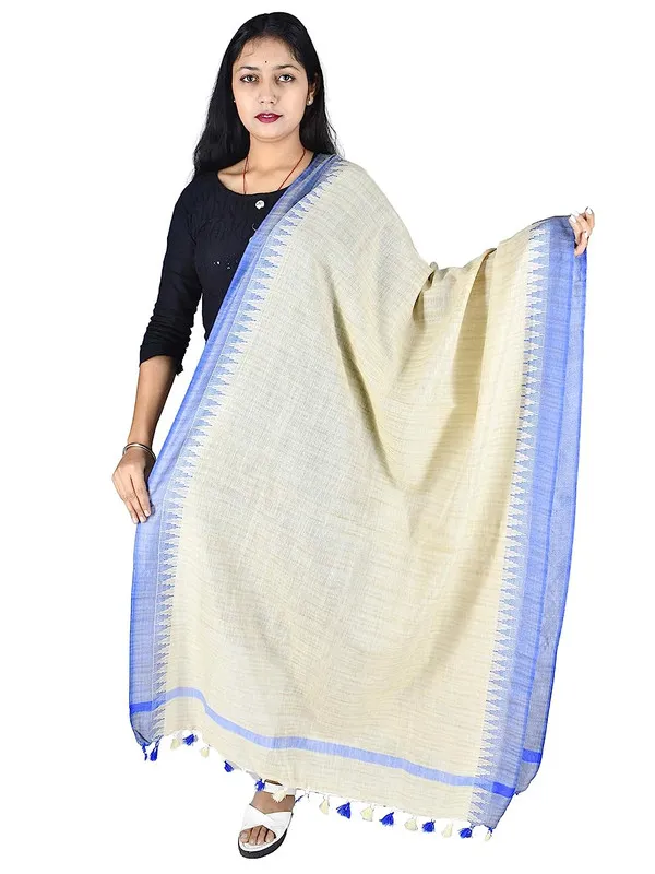 Bhagalpuri_Linen_Textured_Blue_Temple_Border_Handloom_Dupatta