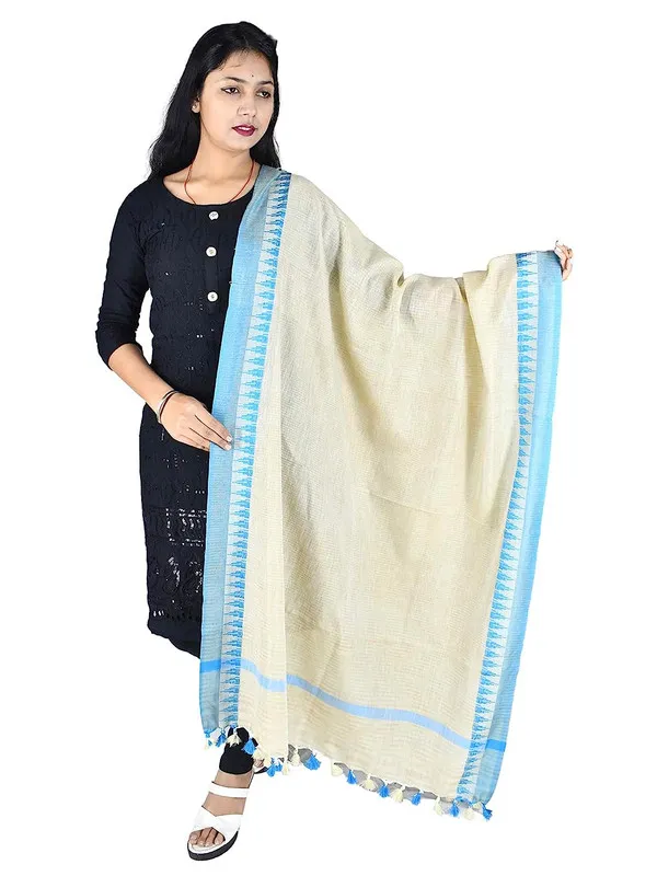 Handloom_Linen_Temple_Border_Bhagalpuri_Dupatta_(Cyan)