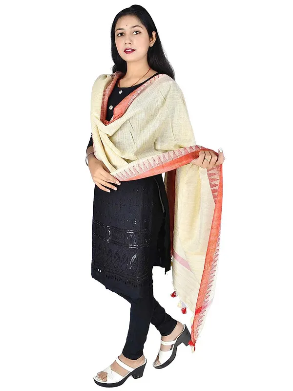 Bhagalpuri_Linen_Temple_Dupatta_with_Natural_Texture_(Orange)