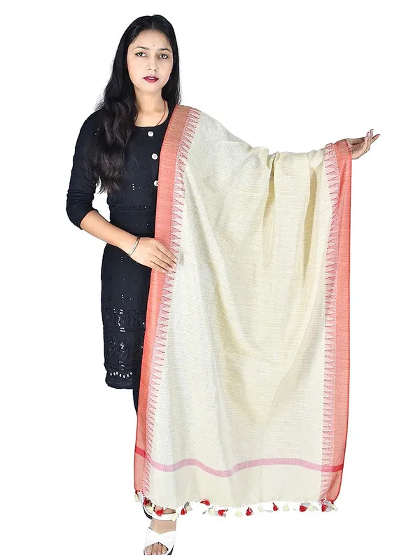 Bhagalpuri_Linen_Temple_Dupatta_with_Natural_Texture_(Orange)