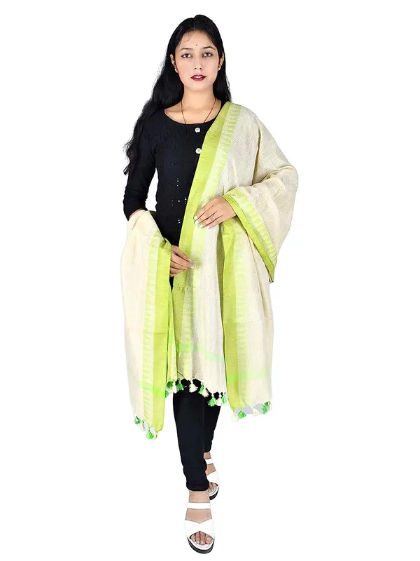 Handloom_Bhagalpuri_Linen_Temple_Border_Dupatta_(Parrot_Green)