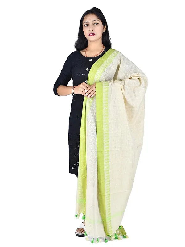 Handloom_Bhagalpuri_Linen_Temple_Border_Dupatta_(Parrot_Green)