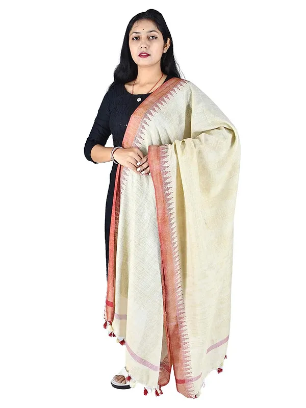 Red_Handloom_Temple_Border_Bhagalpuri_Linen_Dupatta