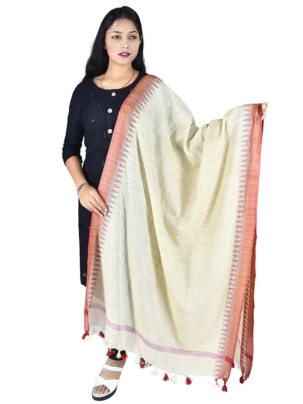 Red_Handloom_Temple_Border_Bhagalpuri_Linen_Dupatta