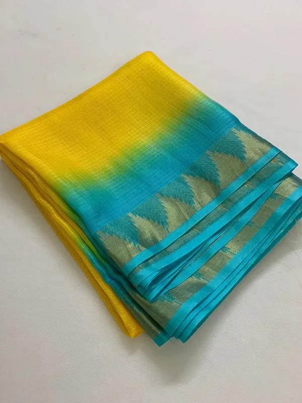 Kota_Silk_Doriya_Organza_Net_Temple_Border_Two_Dye_Saree_with_Free_Blouse_Piece(Canary_Yellow_&_Cyan)
