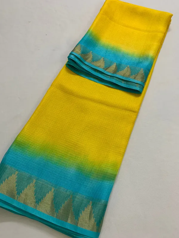 Kota_Silk_Doriya_Organza_Net_Temple_Border_Two_Dye_Saree_with_Free_Blouse_Piece(Canary_Yellow_&_Cyan)