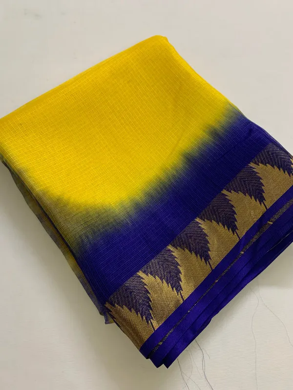 Organza_Net_Doriya_Silk_Two_Dye_Bhagalpuri_Temple_Border_Saree_(Canary_Yellow_&_Dark_Blue)