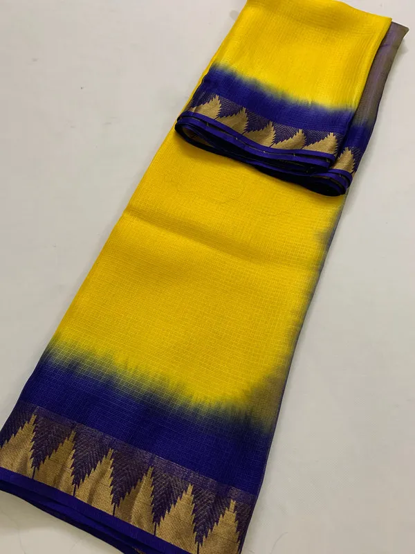 Organza_Net_Doriya_Silk_Two_Dye_Bhagalpuri_Temple_Border_Saree_(Canary_Yellow_&_Dark_Blue)