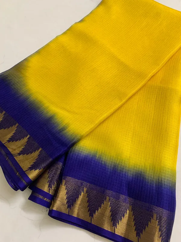 Organza_Net_Doriya_Silk_Two_Dye_Bhagalpuri_Temple_Border_Saree_(Canary_Yellow_&_Dark_Blue)