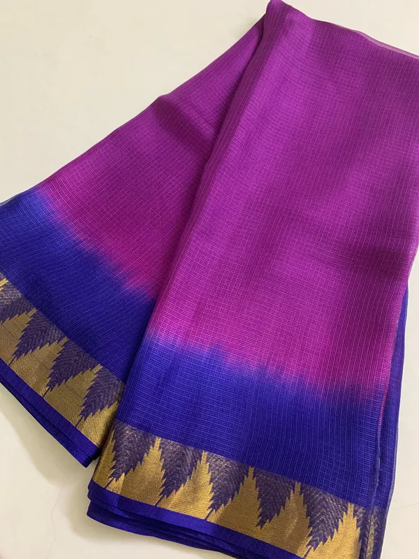 Handloom_Kota_Silk_Organza_Net_Temple_Border_Two_Dye_Bhagalpuri_Saree_(Magenta_&_Duke_Blue)